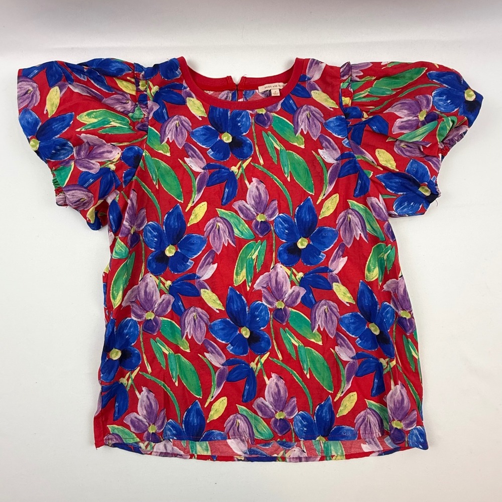 Skies Are Blue Womens Red Floral Puff‎ Sleeve Blouse Top Style 44073 Small